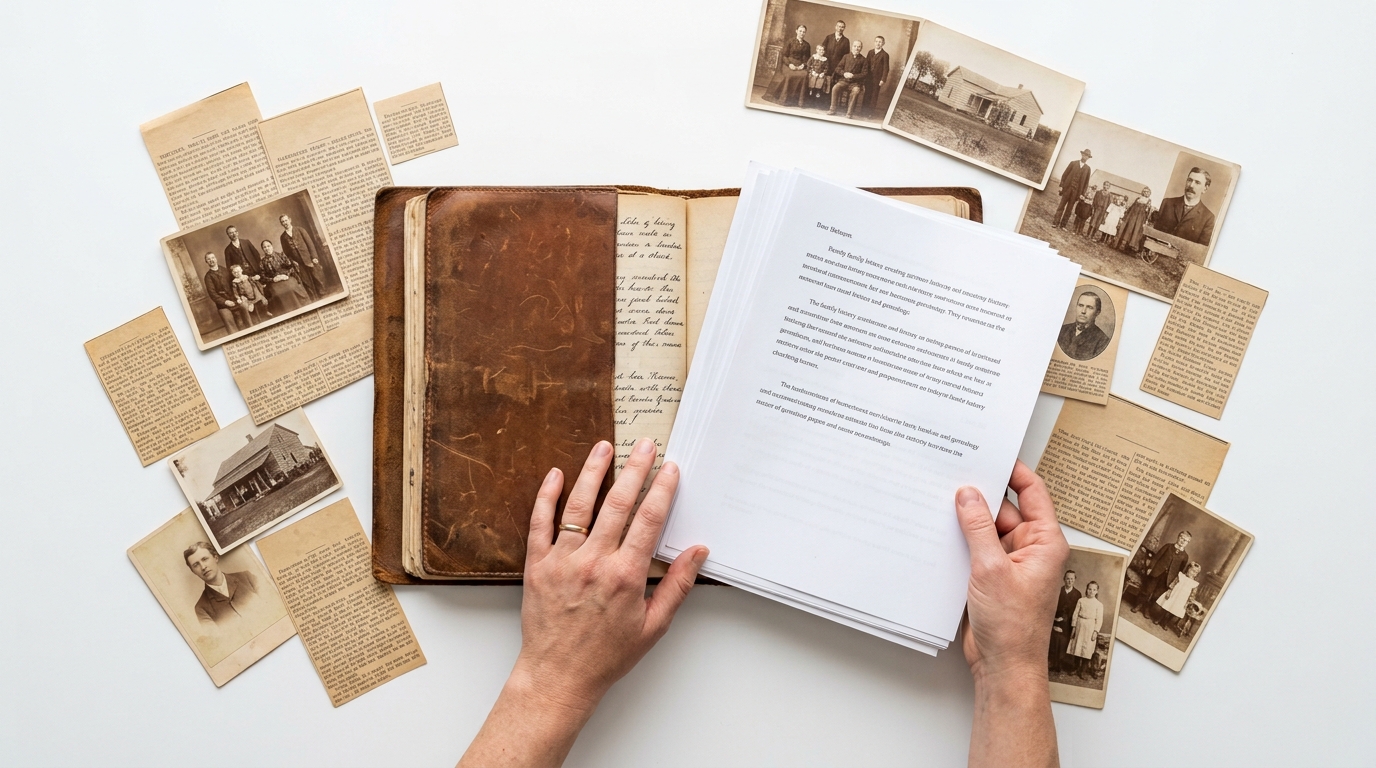 Hands turning a stack of transcribed pages over an open leather-bound journal, surrounded by newspaper clippings and sepia family photographs.