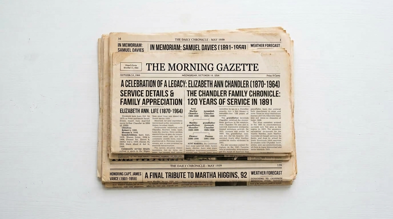 A stack of yellowed newspapers, the top one an issue of The Morning Gazette carrying family obituary columns.