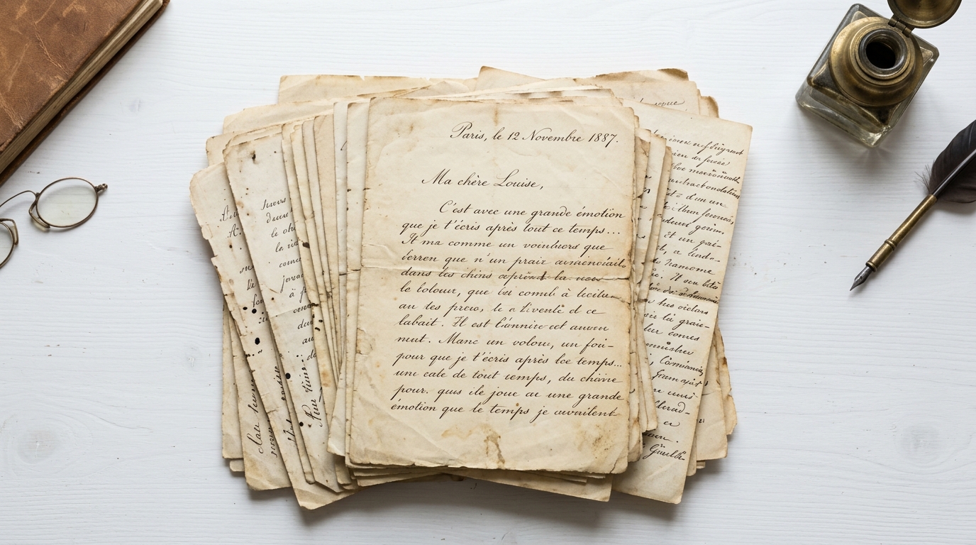 A fanned stack of handwritten letters in French cursive dated Paris, 1887, beside a quill pen and inkwell.