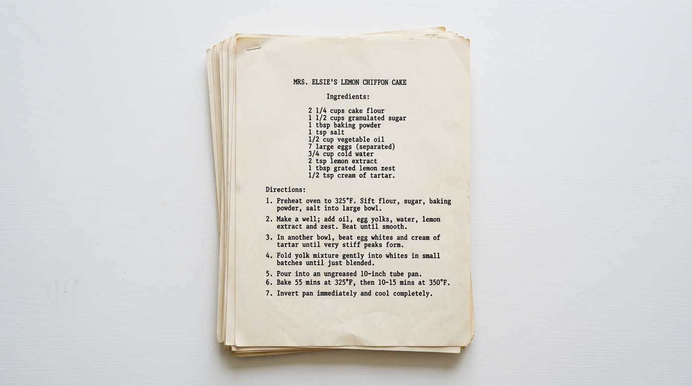 A stapled stack of typewritten recipe pages, the top one headed Mrs. Elsie's Lemon Chiffon Cake.